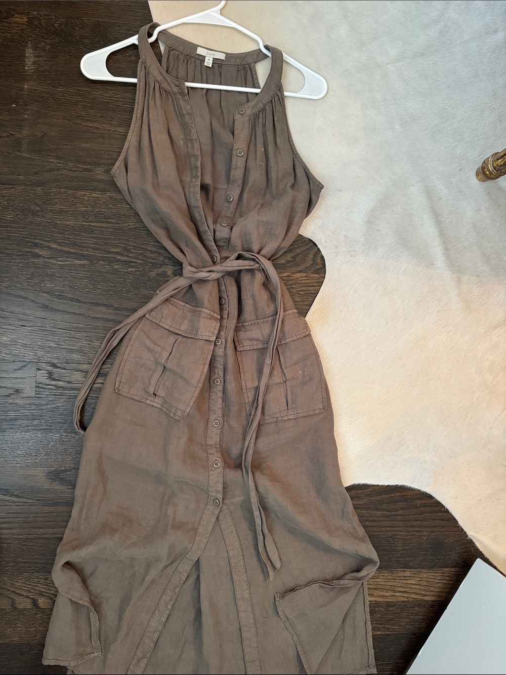 Joie Sleeveless Button-Front Tie-Waist Midi Dress in Taupe